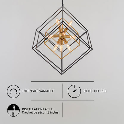 Artika Imperium 9-light chandelier: modern geometric design, gold accents, exposed bulbs; dimmable, long lifespan, easy to install.