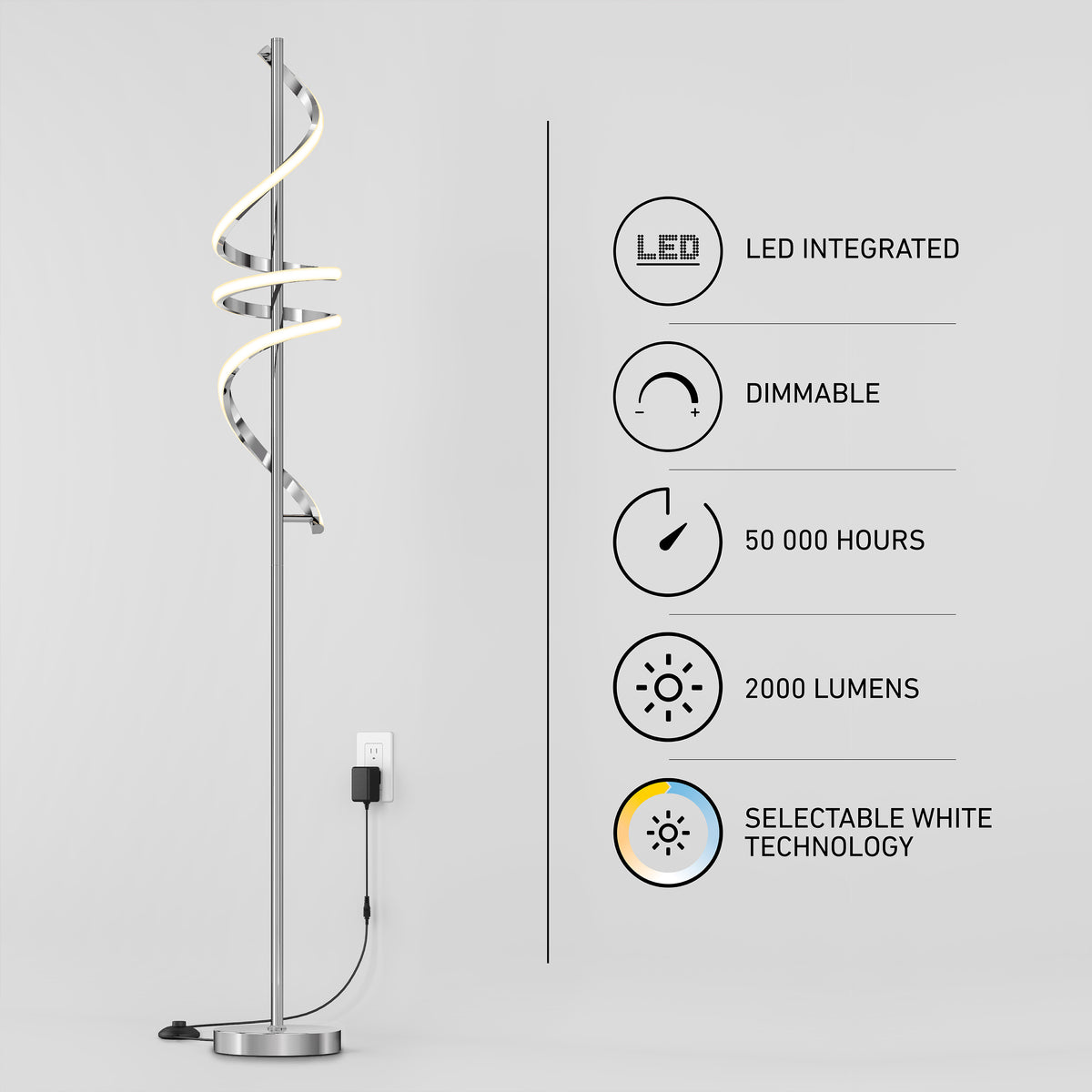 The Artika Coda modern LED floor lamp 5CCT stands arched beside a graphic showing LED integration, 50,000-hour lifespan, 2000 lumens, selectable white technology, and plugs into a wall outlet.