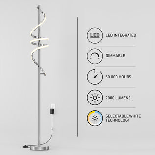The Artika Coda modern LED floor lamp 5CCT stands arched beside a graphic showing LED integration, 50,000-hour lifespan, 2000 lumens, selectable white technology, and plugs into a wall outlet.