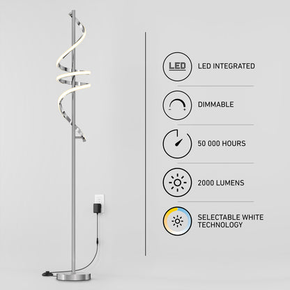 The Artika Coda modern LED floor lamp 5CCT stands arched beside a graphic showing LED integration, 50,000-hour lifespan, 2000 lumens, selectable white technology, and plugs into a wall outlet.