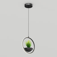 The Artika Colin LED modern planter pendant light 5 CCT features a circular black frame with an integrated LED ring and a central green potted plant, suspended by a black cord against a light gray background.