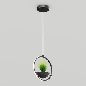 The Artika Colin LED modern planter pendant light 5 CCT features a circular black frame with an integrated LED ring and a central green potted plant, suspended by a black cord against a light gray background.