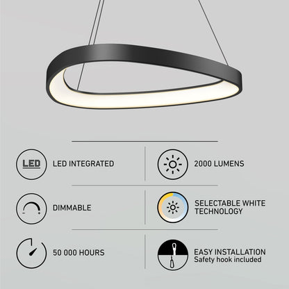 Artikas Bjorn modern LED pendant light features an oval black design with integrated LEDs, dimmable brightness, 50,000-hour lifespan, 2000 lumens, 5 CCT selectable whites, and easy installation.