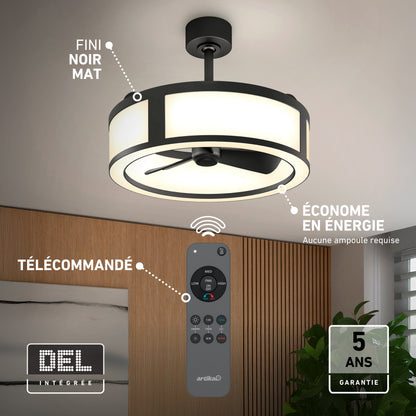 Artika Huxley 23 in. LED modern fandelier ceiling fan, a round 23-inch matte black fixture with remote, energy efficiency, and a 5-year warranty.