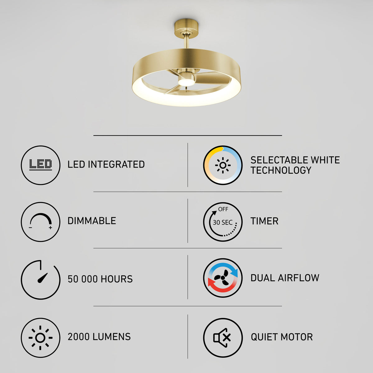 Artika Austin 23 in. LED fandelier with remote: gold, dimmable, 2000 lm, dual airflow, quiet motor, timer, and selectable white.