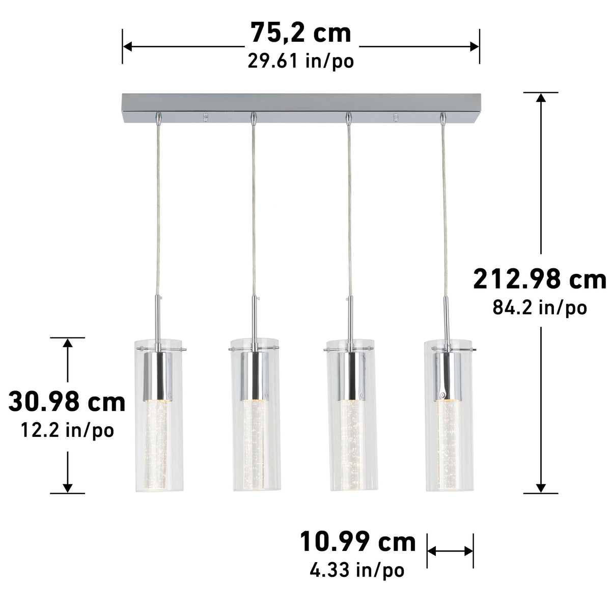 The Artika Bubble Flow 4-light pendant features four hanging cylindrical glass lights on a rectangular ceiling fixture. Dimensions: 75.2 cm (29.6 in) wide, 212.98 cm (83.9 in) high; each cylinder is 30.98 cm (12.2 in) tall and 10.99 cm (4.3 in) wide.