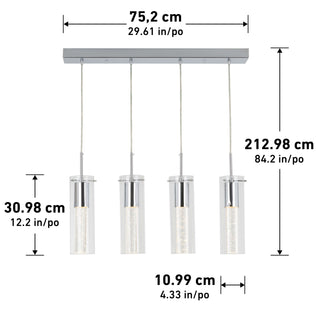 The Artika Bubble Flow 4-light pendant features four hanging cylindrical glass lights on a rectangular ceiling fixture. Dimensions: 75.2 cm (29.6 in) wide, 212.98 cm (83.9 in) high; each cylinder is 30.98 cm (12.2 in) tall and 10.99 cm (4.3 in) wide.