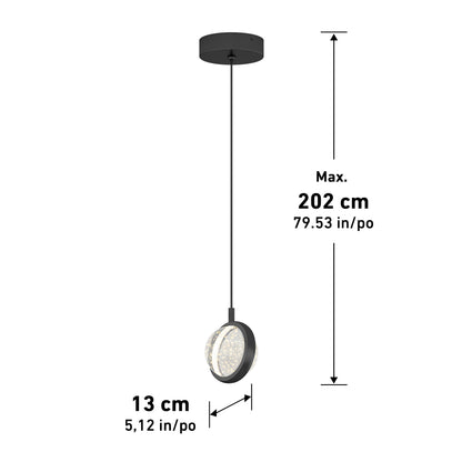 The Artika Avalon LED 1-light pendant is a black ceiling fixture with a circular lamp, shown hanging at 202 cm (79.53 in) long and 13 cm (5.12 in) wide, with measurement lines and labels beside the light.