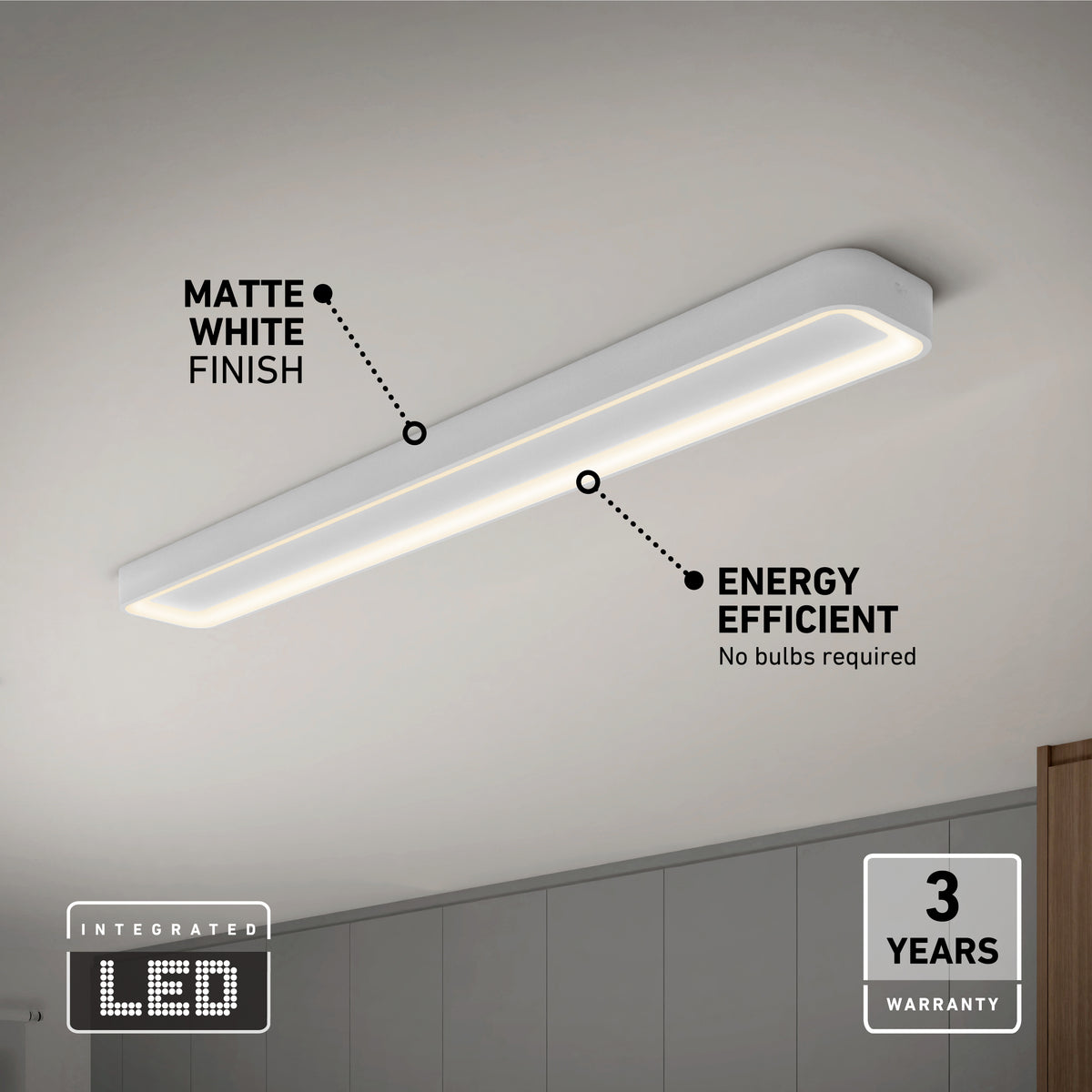 The Artika Aiden 48 in. LED modern flush mount light offers energy efficiency with 5 CCT options, no bulbs required, matte white finish, and a 3-year warranty—perfect for modern rooms seeking effortless style.