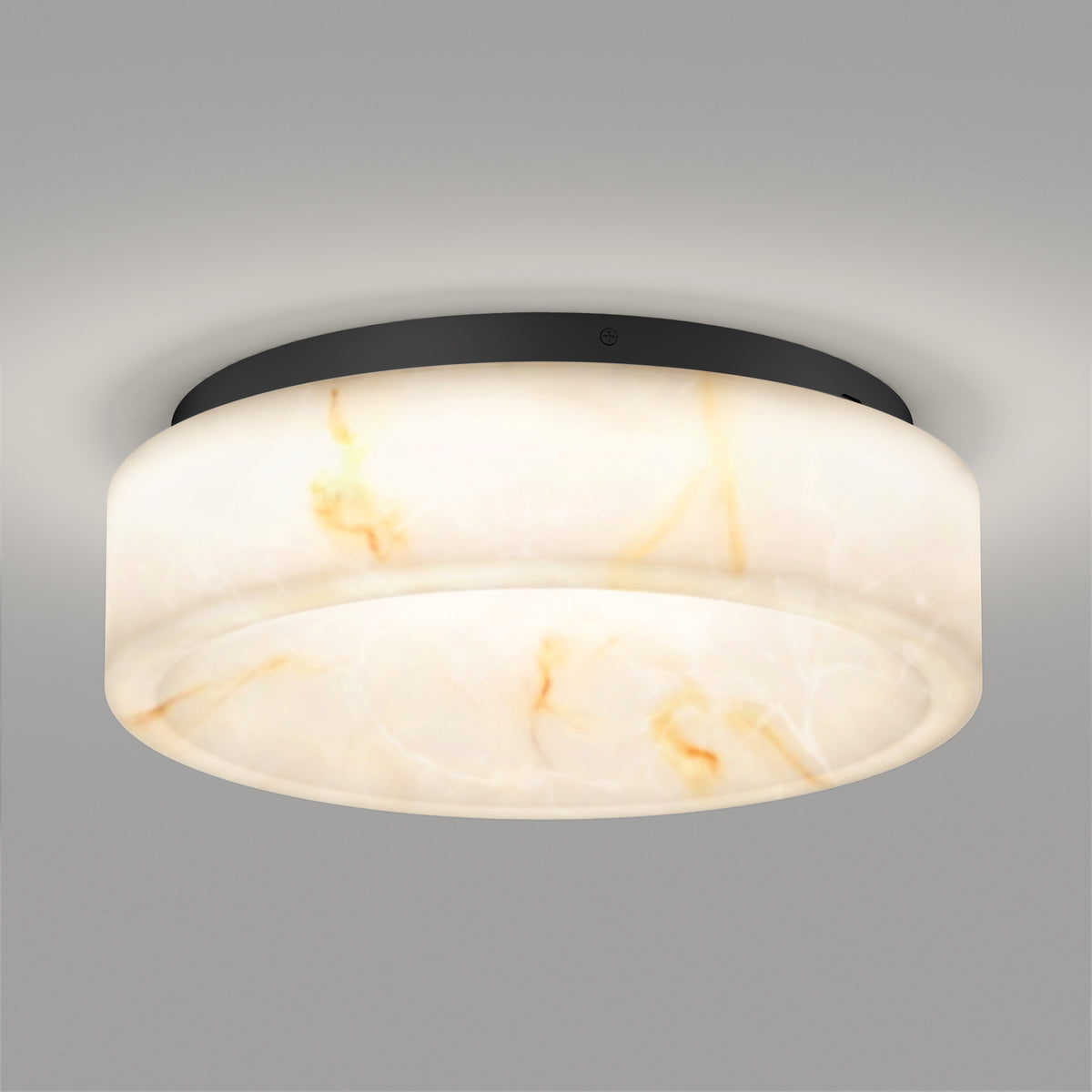 A modern ceiling light fixture with a round, frosted glass shade featuring subtle marble-like patterns, mounted on a black circular base against a plain gray background.