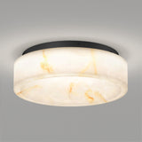 A modern ceiling light fixture with a round, frosted glass shade featuring subtle marble-like patterns, mounted on a black circular base against a plain gray background.