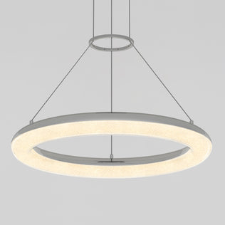 The Artika Famous Optical LED pendant light 5 CCT features a modern frosted circular ring, suspended by three slim cables from the ceiling, set against a plain gray background.