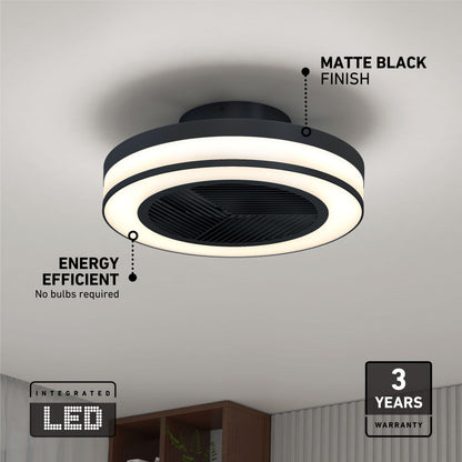 The Artika Elton 19.4 in. LED modern ceiling fan features 3 speeds, a matte black finish, integrated energy-efficient LED (no bulbs needed), remote control, and a 3-year warranty badge. Mounted on a white ceiling.