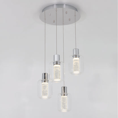 The Artika Champagne Globe 4-light LED pendant features four illuminated hanging lights with cylindrical clear glass shades and metallic tops, all suspended from a round silver ceiling mount.