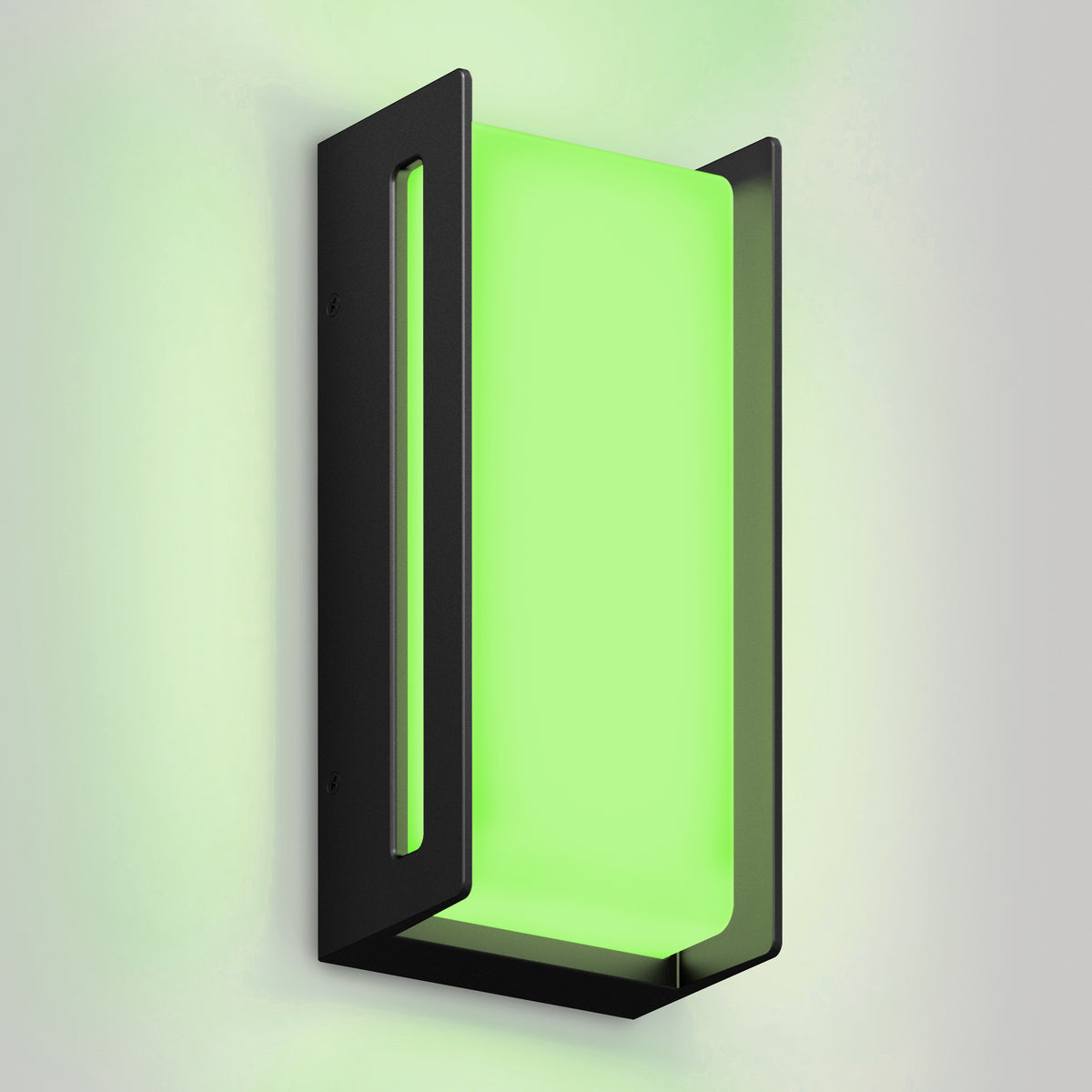 The Artika Ryker smart RGB indoor-outdoor wall light features a modern rectangular black frame and glowing green panel, casting a soft green light on a light gray wall.
