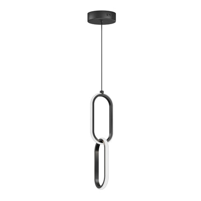 The Catena LED pendant light 5 CCT by Artika features two interlocking oval rings in a sleek black and white finish, suspended vertically from a black ceiling mount by a single cord.