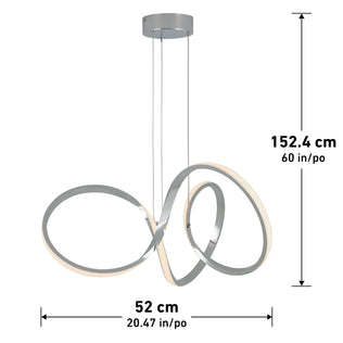 The Artika Swirl LED pendant light features three interlocking metallic loops suspended from a ceiling mount, measuring 152.4 cm (60 in) in height and 52 cm (20.47 in) in width.