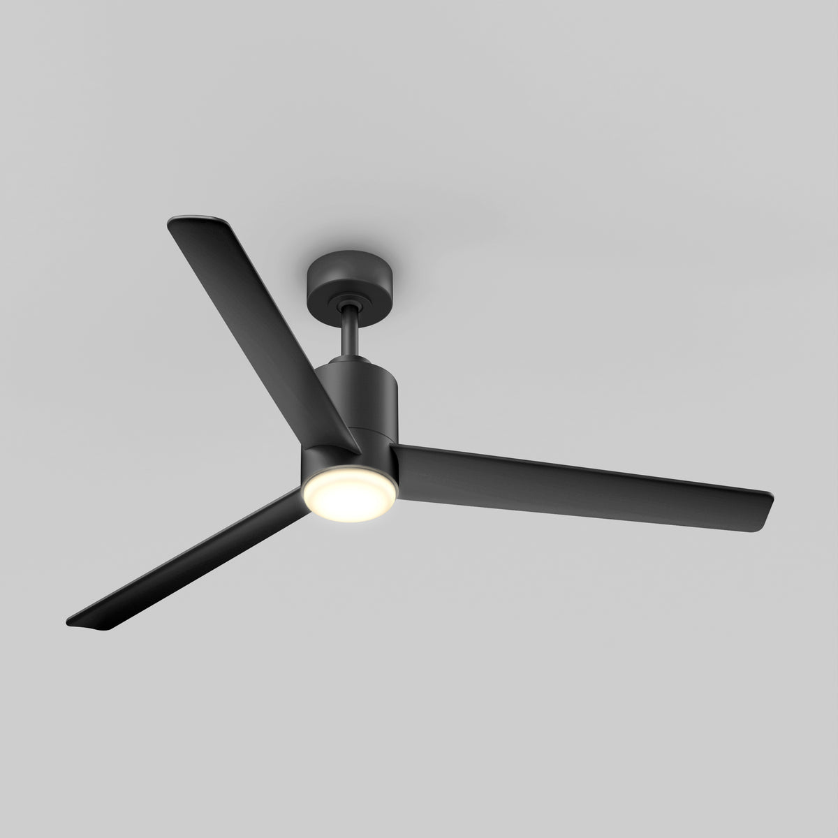 A modern black ceiling fan with three blades and a built-in light fixture, mounted on a white ceiling.