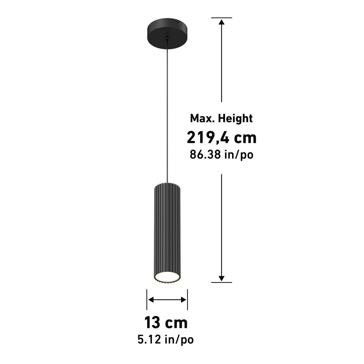Black cylindrical pendant light hanging from a round ceiling mount; maximum height 219.4 cm (86.38 in), lamp diameter 13 cm (5.12 in). Measurements are labeled with arrows.