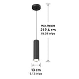 Black cylindrical pendant light hanging from a round ceiling mount; maximum height 219.4 cm (86.38 in), lamp diameter 13 cm (5.12 in). Measurements are labeled with arrows.