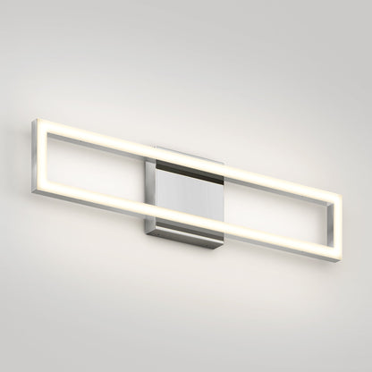 The Dover modern LED bathroom vanity light 5 CCT by Artika-CAN-dev features a sleek rectangular design and chrome finish. Mounted on a light gray wall, it emits an even glow around the edge for a contemporary touch.