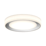 A modern, round, flush-mount ceiling light with a white frosted cover and a metallic silver inner ring, illuminated against a plain white background.