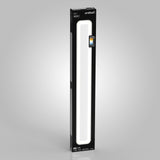 A tall, rectangular LED light panel in a black box packaging, featuring a glowing light strip along the front and product information displayed in the upper corner against a plain gray background.