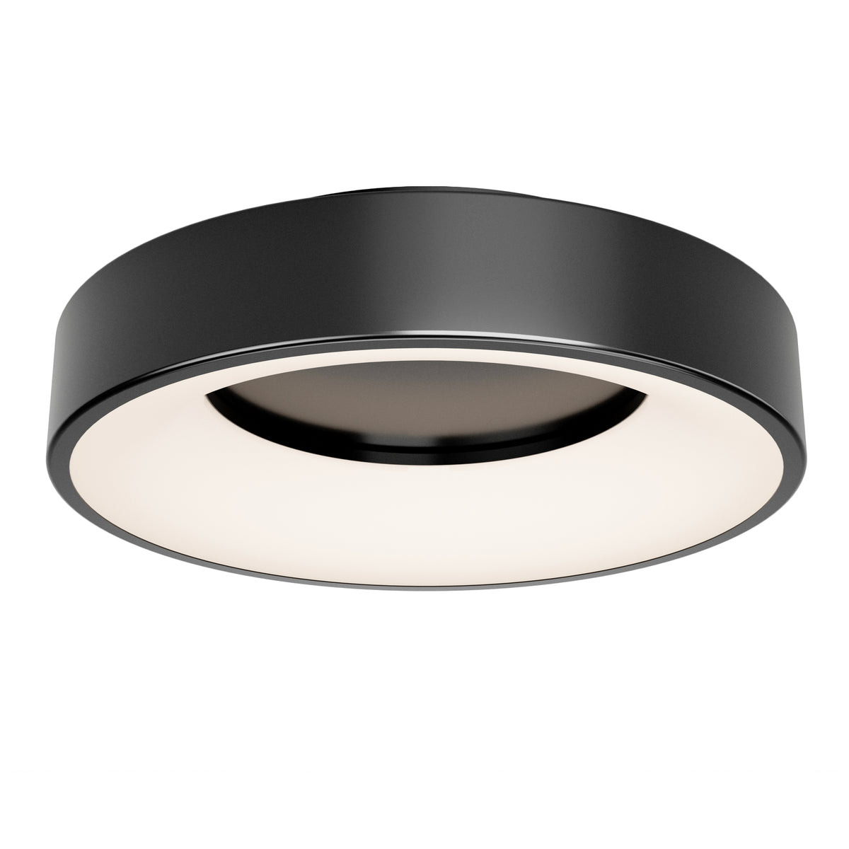 A modern, circular black ceiling light fixture with a sleek design and a wide, glowing white diffuser in the center.