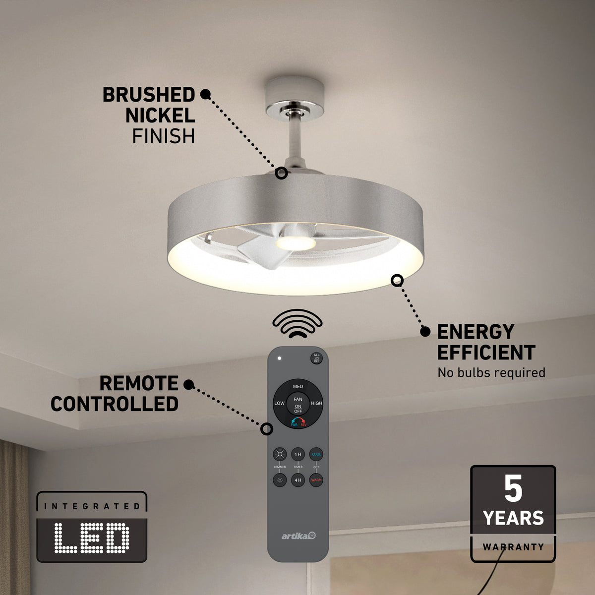 The Artika Austin 23 in. LED modern ceiling fan features a brushed nickel finish, integrated LED light, quiet motor, remote control, energy efficiency—no bulbs required—and includes a 5-year warranty.