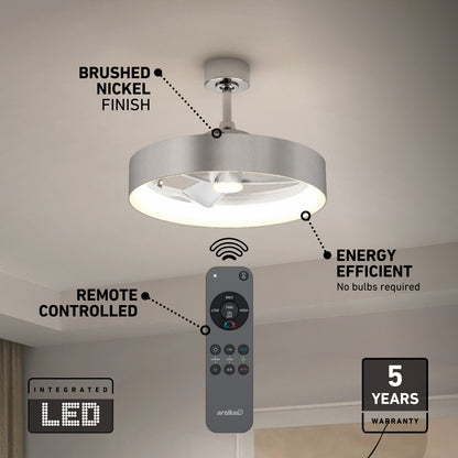 Ceiling fan with a brushed nickel finish and built-in LED light, shown with a remote control. Text highlights features: remote controlled, energy efficient, integrated LED, and 5-year warranty.