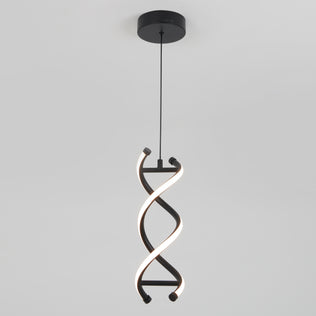 The Artika DNA LED pendant light features two intertwined black metal LED strips in a double-helix design, suspended from a round black ceiling mount against a plain light gray background.