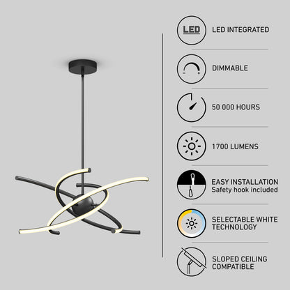 The Artika Silvio LED pendant light features curved arms and hangs from the ceiling. Icons show: LED integrated, dimmable, 50,000 hrs, 1700 lumens, safety hook, selectable white (3 CCT), and sloped ceiling compatible.