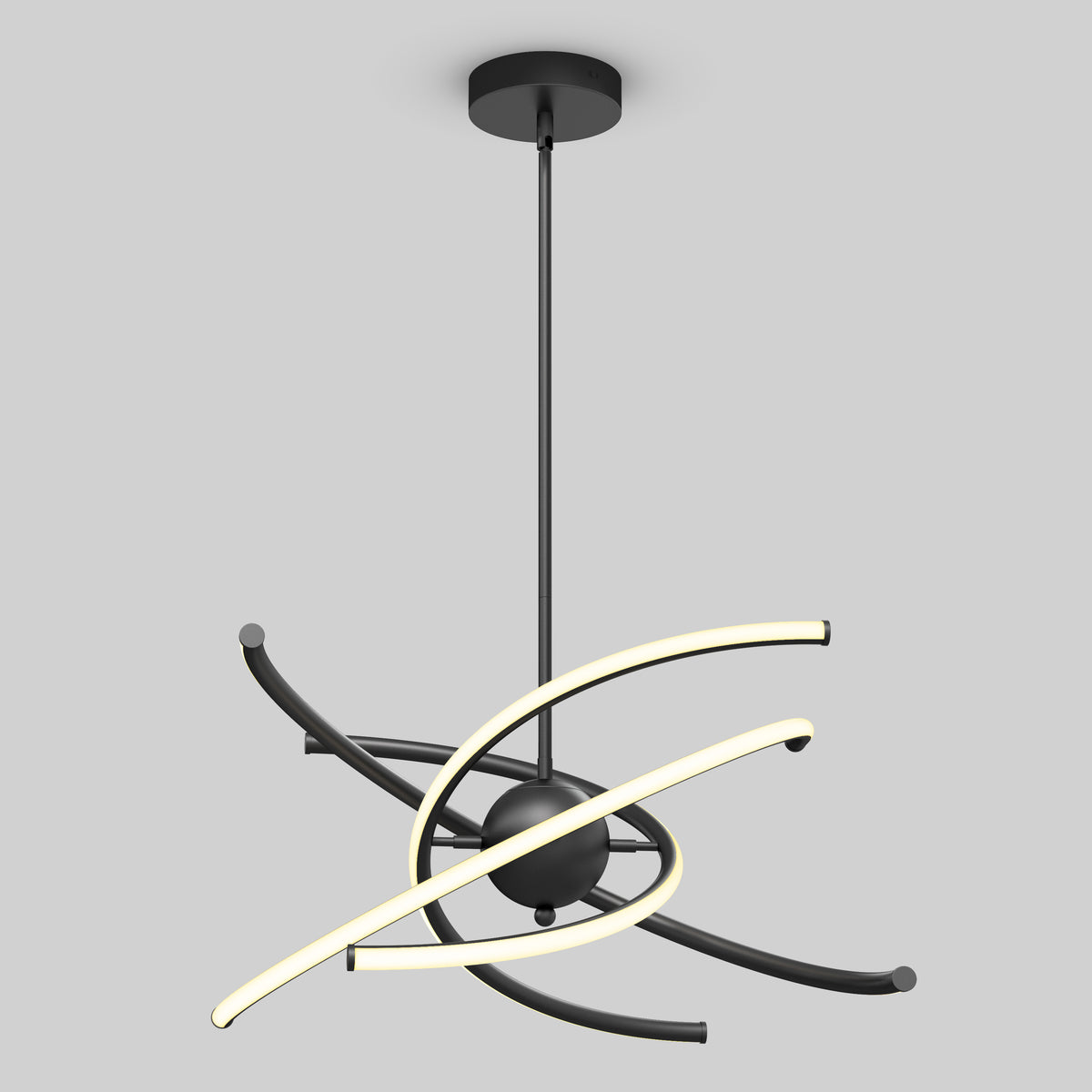 A modern black pendant chandelier with two curved LED light bars crossing around a central sphere, suspended from the ceiling by a rod, set against a plain gray background.