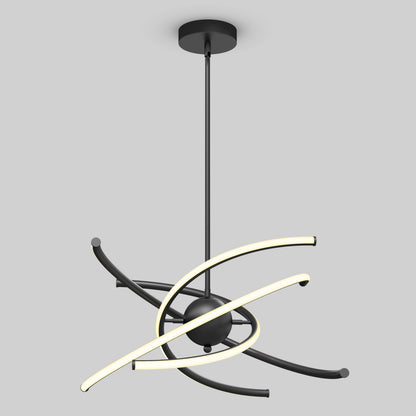 A modern black pendant chandelier with two curved LED light bars crossing around a central sphere, suspended from the ceiling by a rod, set against a plain gray background.