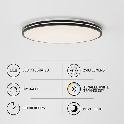 The Artika Athos 21 in. LED flush mount light with remote is shown above icons and text highlighting its features: LED integrated, dimmable, 50,000-hour lifespan, 2,500 lumens, tunable white technology, and night light mode.
