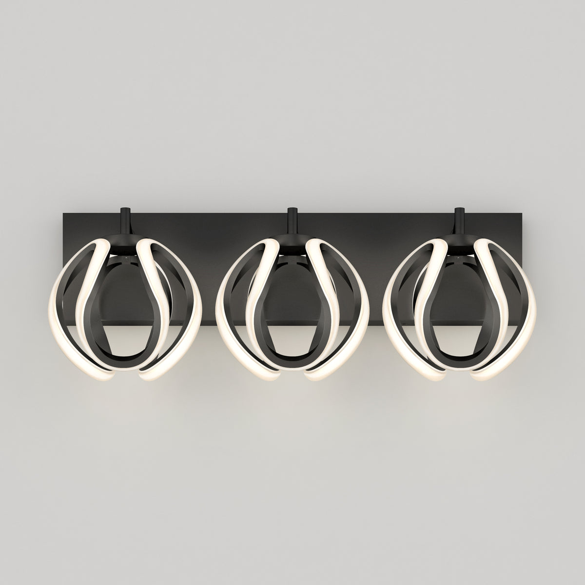 A modern wall sconce with three oval-shaped, black light fixtures each framed by curved, glowing white LED strips, mounted on a rectangular black base against a plain gray background.