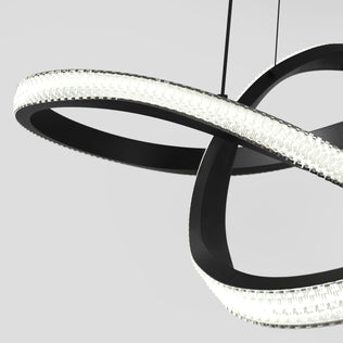 The Artika Morgan LED contemporary pendant light features two interlocking black rings lined with textured white LEDs, suspended by thin black wires.