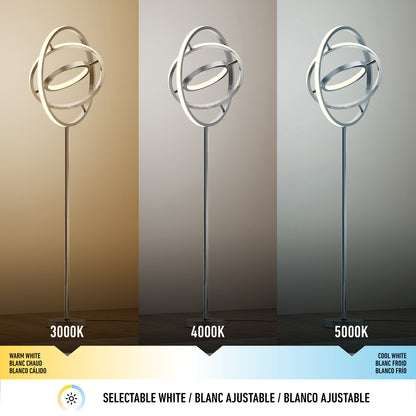 The Artika Pivot modern LED floor lamp 3 CCT is shown in three white light modes: warm white (3000K, left), neutral white (4000K, center), and cool white (5000K, right). A label highlights the selectable color temperature options.