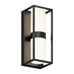 The Artika Sherman modern LED indoor-outdoor wall light 5 CCT features a rectangular black metal frame and a cylindrical white frosted glass diffuser, mounted on a sleek black backplate.