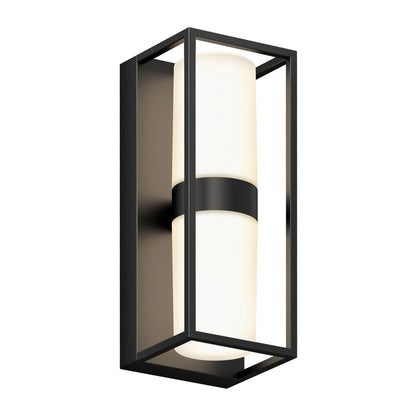 The Artika Sherman modern LED indoor-outdoor wall light 5 CCT features a rectangular black metal frame and a cylindrical white frosted glass diffuser, mounted on a sleek black backplate.