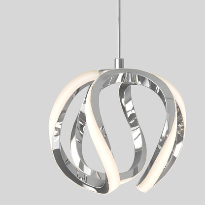 The Artika Vivaldi LED 4-light pendant features intertwined curved chrome and frosted white LED strips, suspended from a slim rod against a light gray background.