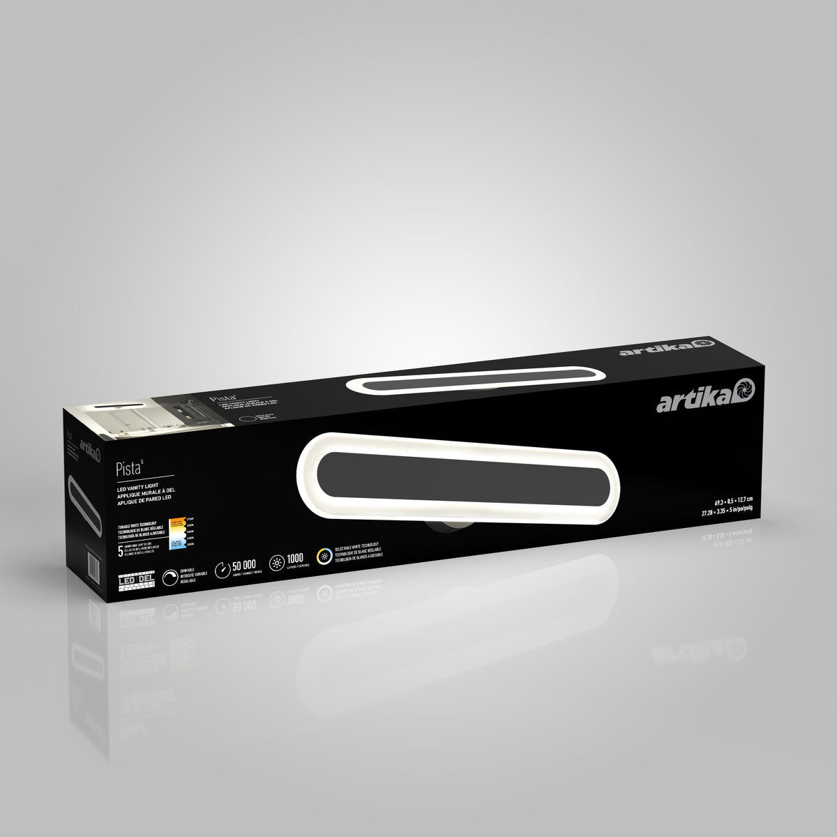 A rectangular black box for an Artika Pista LED light fixture is shown on a gray background. The packaging features a photo of the light, product details, icons, and the Artika logo in white.