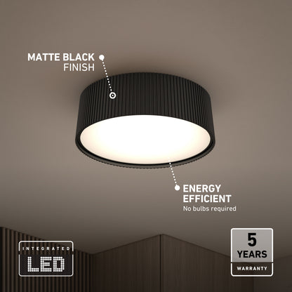Artika Groove 13 in. Modern LED Flush Mount Ceiling Light, a black circular fixture with a matte finish, energy-efficient design, and 5-year warranty.