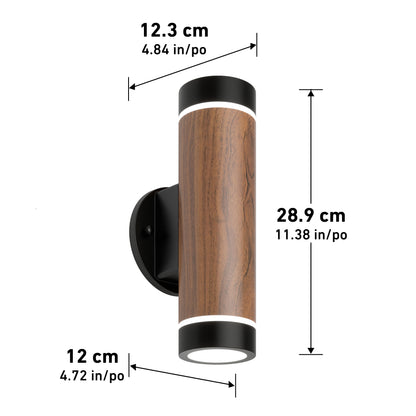 The Artika C7 indoor-outdoor LED wall light 3 CCT features a cylindrical wood-finish design with black ends, mounted on a black 12 cm diameter base. It measures 28.9 cm tall and 12.3 cm wide, with dimensions in both cm and inches.