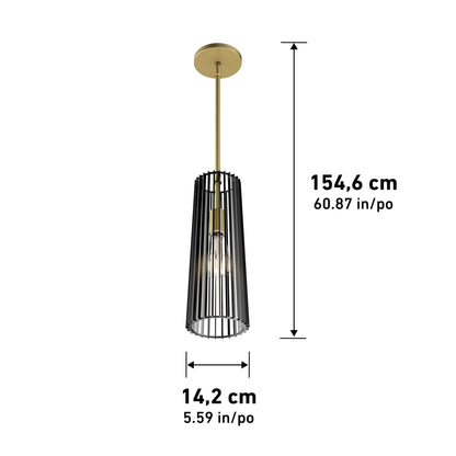 The Artika Gatsby Mini modern mid-century pendant light features a gold ceiling mount, vertical black metal slats, and a visible bulb. It measures 154.6 cm (60.87 in) high by 14.2 cm (5.59 in) in diameter.