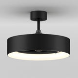 A modern black ceiling light fixture with a cylindrical shade, attached to the ceiling by a short rod. The light is turned on, casting a soft white glow downward.