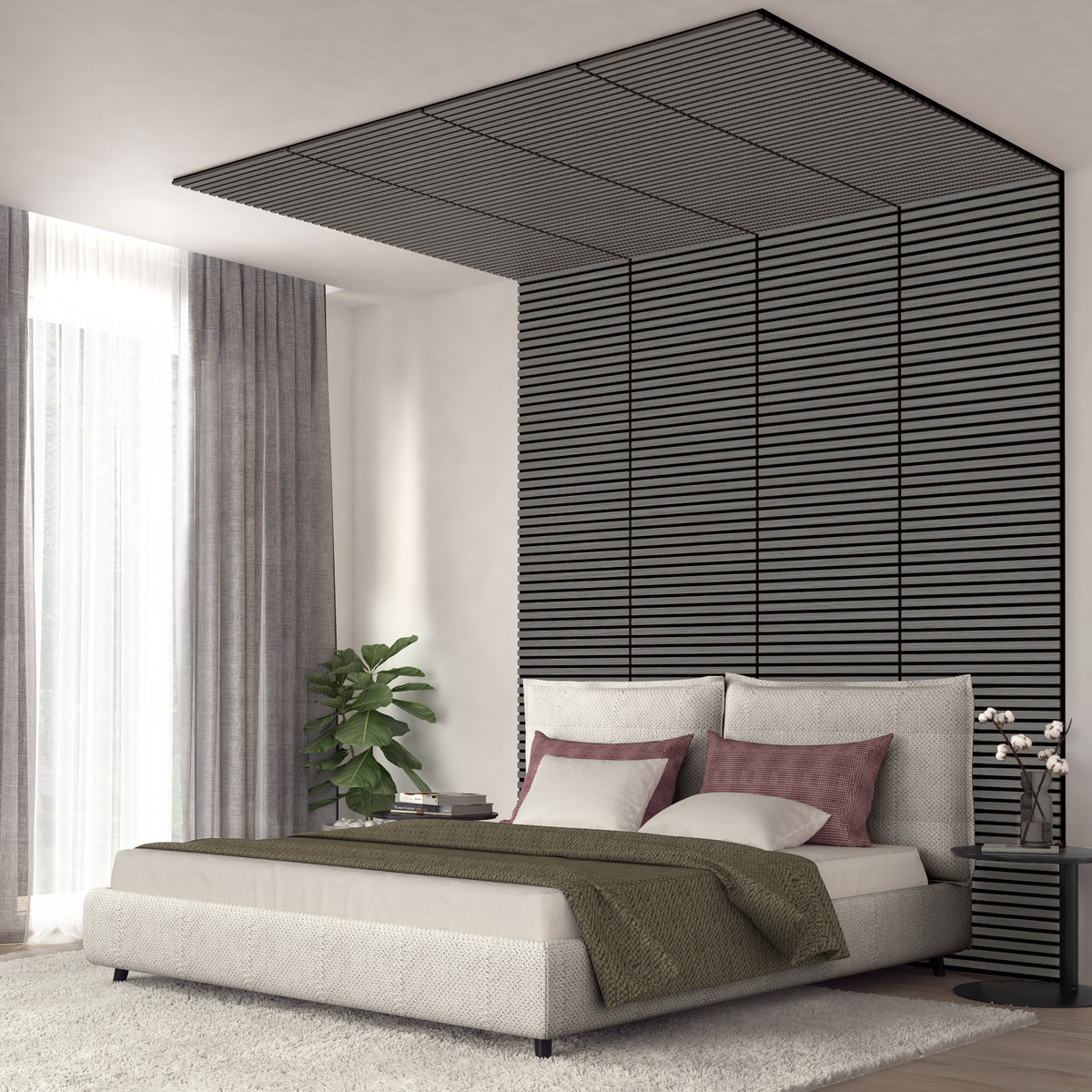 Modern bedroom with a neutral bed, mauve and white pillows, a green throw, and a tall black slatted accent wall extending onto the ceiling. Sheer curtains, a plant, and a robot decor piece are visible.