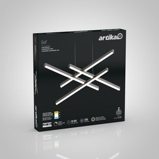 A black box of the Artika Grid LED pendant light, showing its modern geometric design with crossed linear LED bars, along with product specs and icons on the front.