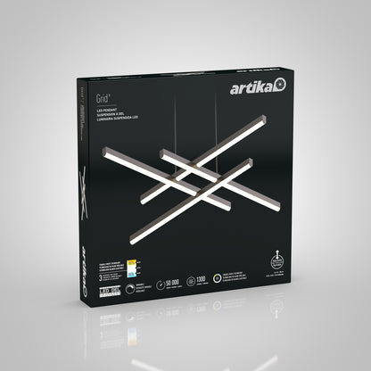 A black box of the Artika Grid LED pendant light, showing its modern geometric design with crossed linear LED bars, along with product specs and icons on the front.