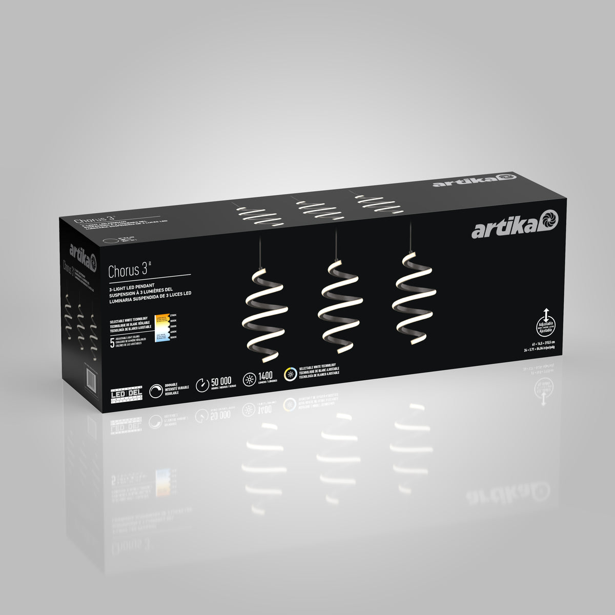 A black rectangular box for the Artika Chorus 3 light fixture, featuring images of three spiral-shaped pendant lights and product details in English and French on a gray gradient background.